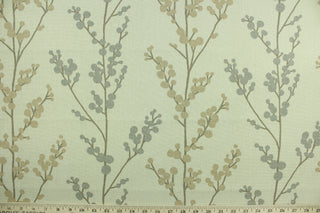  This fabric features a floral branch design in gray, tan and brown on a natural background.  It can be used for several different statement projects including window accents (drapery, curtains and swags), decorative pillows, hand bags, bed skirts, duvet covers, light duty upholstery and craft projects.  It has a soft workable feel yet is stable and durable.   