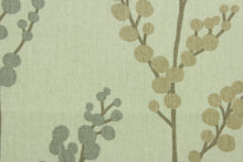 Load image into Gallery viewer,  This fabric features a floral branch design in gray, tan and brown on a natural background.  It can be used for several different statement projects including window accents (drapery, curtains and swags), decorative pillows, hand bags, bed skirts, duvet covers, light duty upholstery and craft projects.  It has a soft workable feel yet is stable and durable.   
