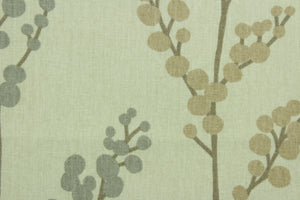  This fabric features a floral branch design in gray, tan and brown on a natural background.  It can be used for several different statement projects including window accents (drapery, curtains and swags), decorative pillows, hand bags, bed skirts, duvet covers, light duty upholstery and craft projects.  It has a soft workable feel yet is stable and durable.   