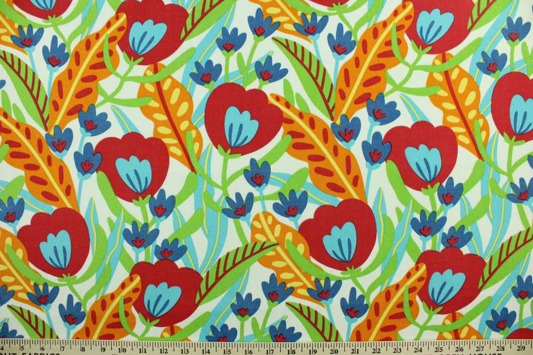  This Solarium outdoor decorative print features a bright colorful medley of flowers and leaves in shades of blue, green, red, orange and yellow against a white background.  This versatile, long-lasting fabric can withstand up to 500 hours of sunlight, water and stain resistant and has 10,000 double rubs.  It is perfect for lounge cushions, pool furniture, tablecloths, decorative pillows and upholstery projects.  This fabric has a slightly stiff feel but is easy to work with.  