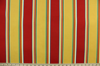 This multi use fabric features a multi striped design in red, yellow, green, blue, white, and orange.  It is perfect for outdoor settings or indoors in a sunny room.  It is stain and water resistant and can withstand up to 500 hours of direct sun exposure and has a durability rating of 10,000 double rubs.  Uses include decorative pillows, cushions, chair pads, tote bags and upholstery.