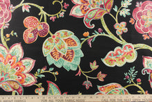 Load image into Gallery viewer,  A dramatic fabric with bold colors featuring a large floral print has a black background with teal green, orange, purple, hints of beige and white, and dark pink or burgundy colors.
