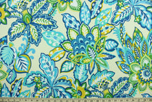 Load image into Gallery viewer, This Solarium outdoor decorative print features a large floral design in shades of blue, shades of green, white and yellow against an ivory background.  This versatile, long-lasting fabric can withstand up to 500 hours of sunlight, water and stain resistant and has 10,000 double rubs.  It is perfect for lounge cushions, pool furniture, tablecloths, decorative pillows and upholstery projects.  This fabric has a slightly stiff feel but is easy to work with.  
