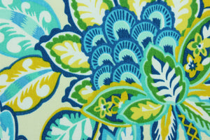 This Solarium outdoor decorative print features a large floral design in shades of blue, shades of green, white and yellow against an ivory background.  This versatile, long-lasting fabric can withstand up to 500 hours of sunlight, water and stain resistant and has 10,000 double rubs.  It is perfect for lounge cushions, pool furniture, tablecloths, decorative pillows and upholstery projects.  This fabric has a slightly stiff feel but is easy to work with.  