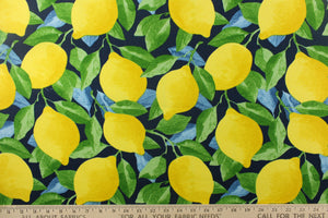 This beautiful outdoor design features lemons in yellow with green and blue leaves on a dark blue background. 