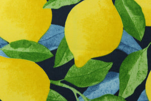 This beautiful outdoor design features lemons in yellow with green and blue leaves on a dark blue background. 
