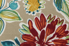 Load image into Gallery viewer,  This beautiful floral design in golden yellow, white, green, deep teal, orange, teal, and deep red against a beige background
