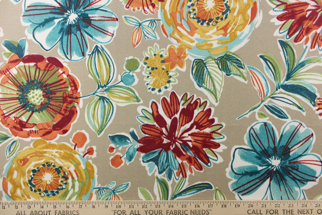  This beautiful floral design in golden yellow, white, green, deep teal, orange, teal, and deep red against a beige background