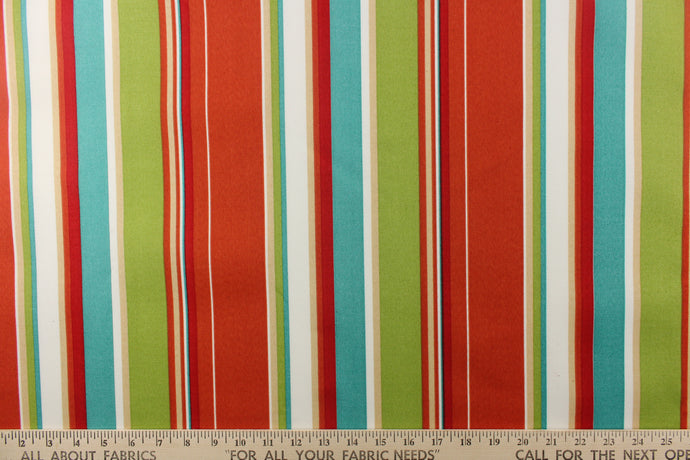 This beautiful striped fabric in bright colors of green, orange, white, khaki, red, and a sky blue is perfect for your outdoor décor. 