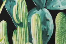 Load image into Gallery viewer,  This beautiful cactus design in greens, white, pale yellow, peachy pink, blue and teal against a black background.
