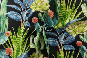  This beautiful cactus design in greens, white, pale yellow, peachy pink, blue and teal against a black background.