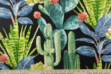 Load image into Gallery viewer,  This beautiful cactus design in greens, white, pale yellow, peachy pink, blue and teal against a black background.

