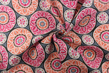 Load image into Gallery viewer, This beautiful medallion design in deep pink, beige, black, gray, white and a peachy orange colors is perfect for your outdoor décor. 
