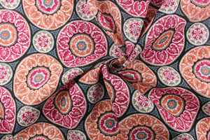 This beautiful medallion design in deep pink, beige, black, gray, white and a peachy orange colors is perfect for your outdoor décor. 