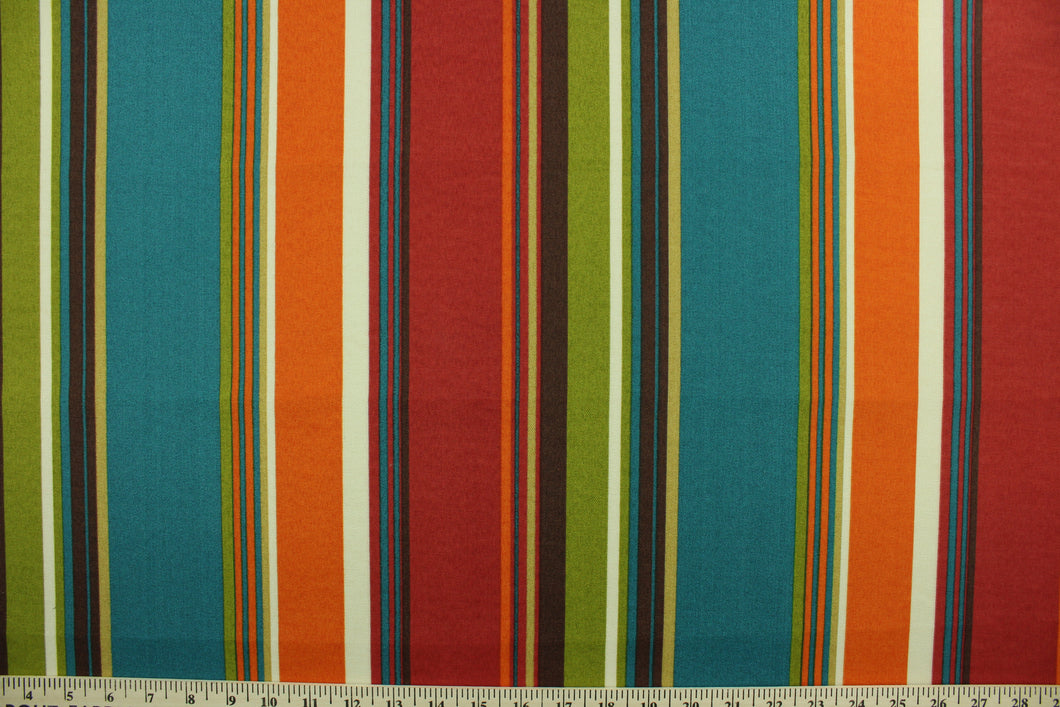 This beautiful outdoor design features stripes in the colors of teal, orange, red, brown, tan and green.  Solarium fabric is able to resist stains and water, withstand up to 500 hours of sunlight and rated at 10,000 double rubs. It is perfect for outdoor pillows, cushions, upholstery, totes, table cloths and more. 