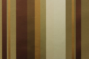 Rich and formal describe this medium weight yarn dye fabric which  features a multi width striped pattern in gold, brown tones, champagne. 