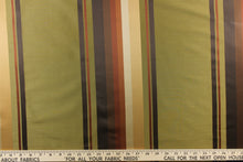 Load image into Gallery viewer, Rich and formal describe this medium weight yarn dye fabric which  features a multi width striped pattern in colors of gold, burnt orange, brick red, brown, and green.
