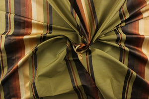 Rich and formal describe this medium weight yarn dye fabric which  features a multi width striped pattern in colors of gold, burnt orange, brick red, brown, and green.