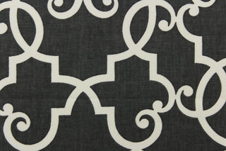  This enteric pattern features a lattice work pattern, the slate color is charcoal gray with white, blackout is black with off white.