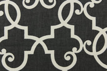 Load image into Gallery viewer,  This enteric pattern features a lattice work pattern, the slate color is charcoal gray with white, blackout is black with off white.
