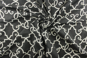  This enteric pattern features a lattice work pattern, the slate color is charcoal gray with white, blackout is black with off white.