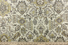 Load image into Gallery viewer,  A unique ethnic damask design in colors of olive green, dark gray, light gray, plum purple, and beige on a cream or natural background.

