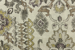  A unique ethnic damask design in colors of olive green, dark gray, light gray, plum purple, and beige on a cream or natural background.