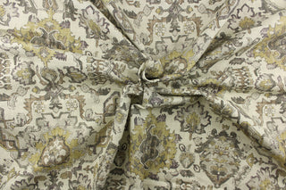  A unique ethnic damask design in colors of olive green, dark gray, light gray, plum purple, and beige on a cream or natural background.