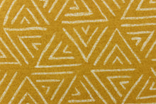 Load image into Gallery viewer, This bright fabric features a geometric design of white triangles against a canary yellow background. 

