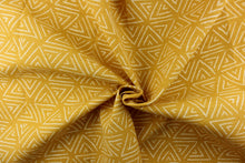 Load image into Gallery viewer, This bright fabric features a geometric design of white triangles against a canary yellow background. 
