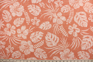 Isle Be Back is a screen printed fabric featuring tropical flowers and foliage in coral and off white.  It is perfect for any project where the fabric will be exposed to the weather.  Able to resist soil and stains, water repellant and can withstand 500 hours of direct sunlight.  Uses include cushions, tablecloths, upholstery projects, decorative pillows and craft projects. 