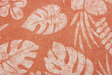 Load image into Gallery viewer, Isle Be Back is a screen printed fabric featuring tropical flowers and foliage in coral and off white.  It is perfect for any project where the fabric will be exposed to the weather.  Able to resist soil and stains, water repellant and can withstand 500 hours of direct sunlight.  Uses include cushions, tablecloths, upholstery projects, decorative pillows and craft projects. 
