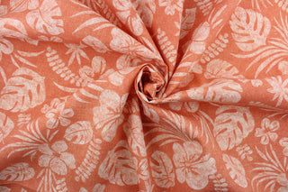 Isle Be Back is a screen printed fabric featuring tropical flowers and foliage in coral and off white.  It is perfect for any project where the fabric will be exposed to the weather.  Able to resist soil and stains, water repellant and can withstand 500 hours of direct sunlight.  Uses include cushions, tablecloths, upholstery projects, decorative pillows and craft projects. 