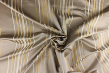Load image into Gallery viewer,  This rich woven yarn dyed fabric features narrow width cream and khaki stripes on taupe background. 
