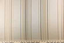 Load image into Gallery viewer, This rich woven yarn dyed fabric features narrow width light and dark khaki stripes on a cream background.
